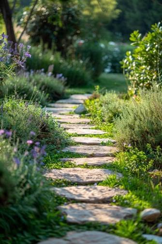A garden pathway lined with flowering plants